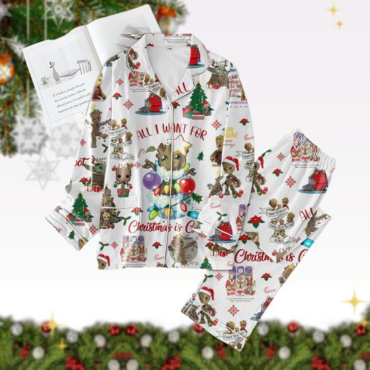 Christmas Groot Pajamas, Groot Galaxy Santa Hat Pj Set, Disney Cartoon Xmas Pajamas Women