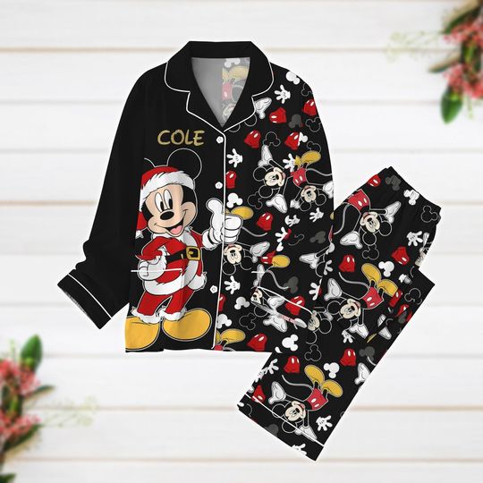 Custom Christmas Name Pajamas, Mickey Santa Pajamas Set, Disney
