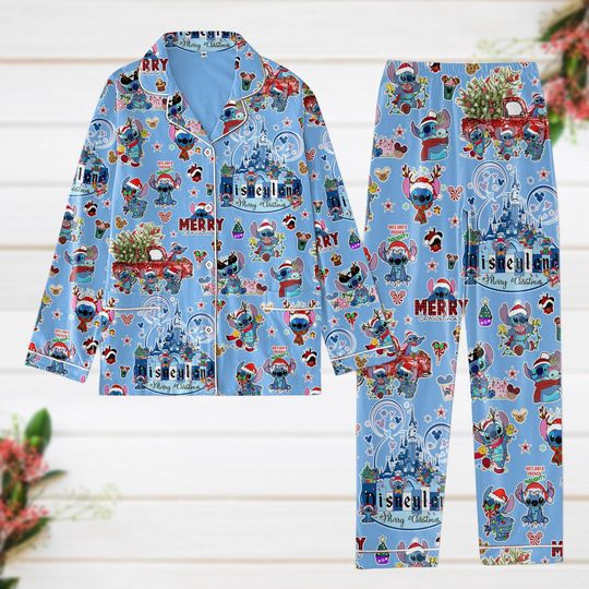Stitch Santa Hat Pajamas, Disney Cartoon Xmas Pajamas, Lilo And Stitch Women Pajamas, Disneyland Christmas Gift