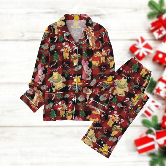 Winnie The Pooh Christmas Pajamas Set, Disney Friends Xmas Pajamas, Pooh Bear, Piglet, Tigger Holiday Pajamas