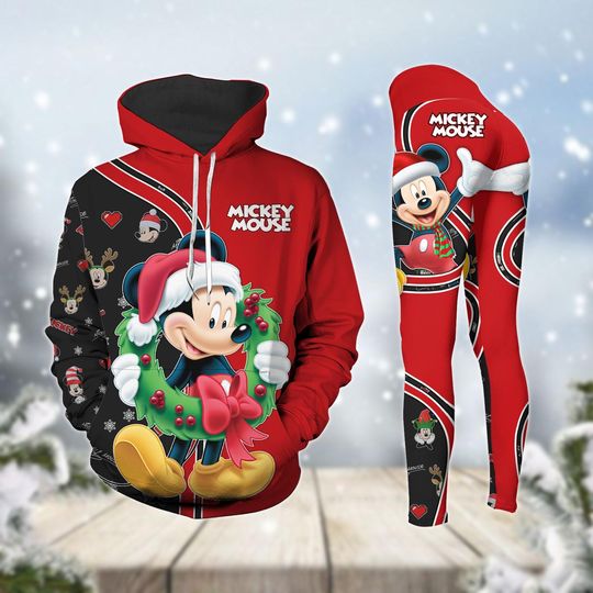 Christmas Mickey Hoodies Leggings, Disney Mouse Xmas Yoga Pants, Santa Mickey 3D Shirt, Disneyland Xmas Women Outfit