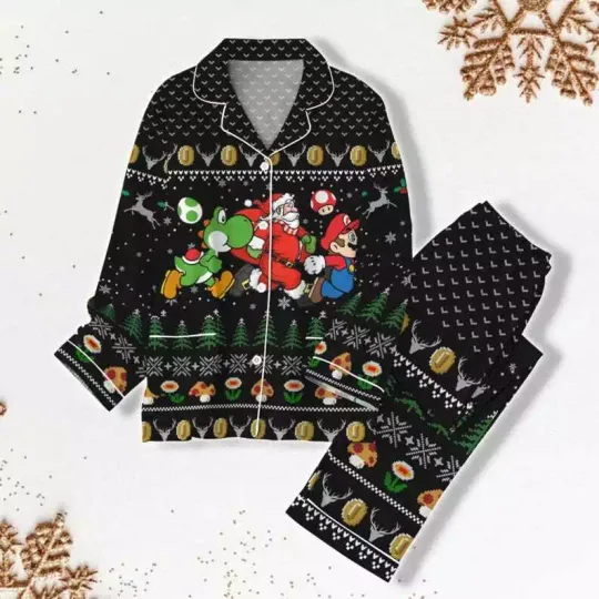 Christmas Super Mario Pajamas Set, Disney Family Christmas Mario Yoshi Pajamas