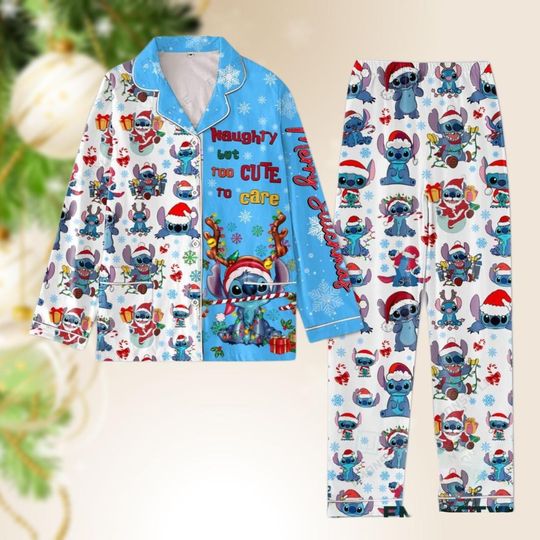 Stitch Christmas Pajamas, Merry Stitchmas Pajamas Set, Naughty But Too Cute To Care Pj Set, Disney Cartoon Santa Hat Pj Set Pants