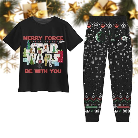 Star Wars Christmas Pajamas Set, Merry Force Be With You Xmas Tshirt Pants Set, Disney Character Santa Hat Pj Set