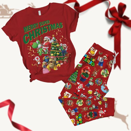 Merry Christmas Super Mario Pajamas, Mario Character Xmas Shirt Pants, Game Lover Gift, Disney Video Game Holiday Pajamas