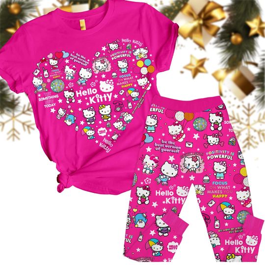 Christmas Hello Kitty Pajamas Set, Kitty Cat T-Shirt Pants, Disney Cartoon Xmas Sleepwear For Women, Anime Pj Set Pants, Birthday Gift