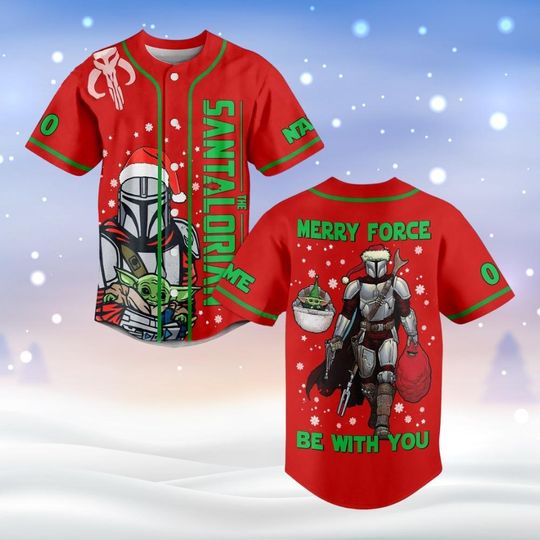 Disney Star Wars Baseball Jersey, The Mandalorian Baseball Shirt, The Santalorian Merry Force Be With You Jersey