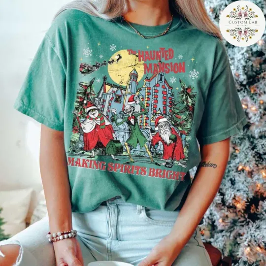 Retro Haunted Mansion Making Spirits Bright Hitchhiking Ghosts Santa Disney Christmas Shirt,