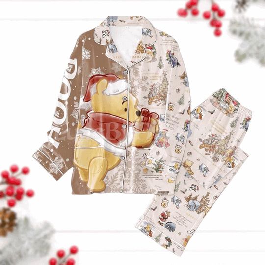 Vintage Pooh Christmas Pajamas, Santa Pooh Bear Pj Set, Disney Pooh Holiday Pajamas