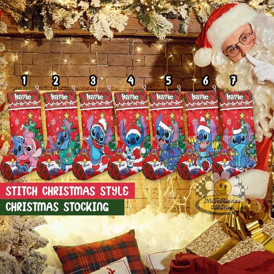 Personalized Stitch Buffalo Plaid Disney Christmas Stocking, Stitch Angel Couples Christmas