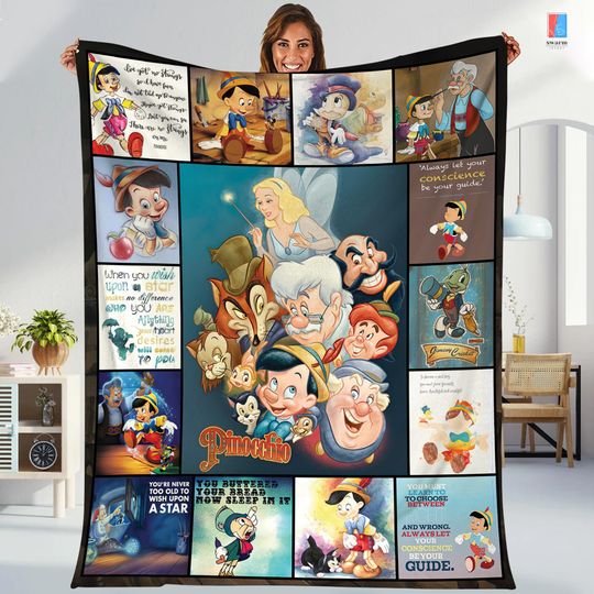 Personalized Disneyland Pinocchio Fleece Blanket, Figaro Jiminy Cricket Pinocchio