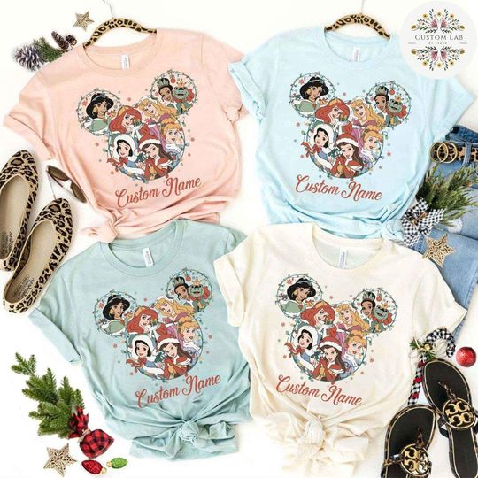 Personalized Disney Princess Christmas Shirt, Disney Girl Trip Very Merry Christmas Light