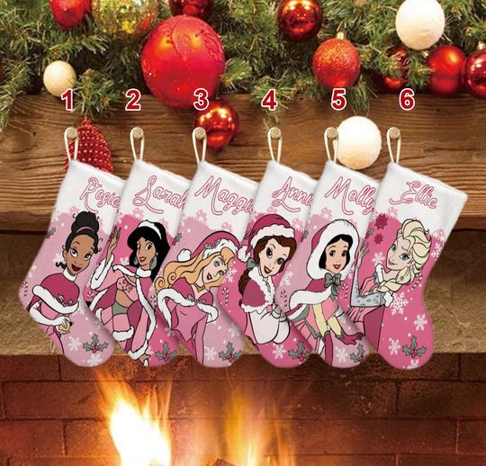 Personalized Princess Movie Xmas Stocking, Disney Princess Santa Hat Christmas Stockings