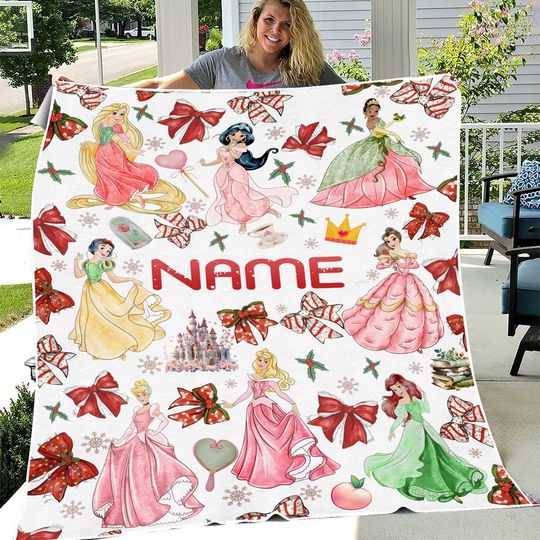 Personalized Watercolor Coquette Bows Disney Princess Christmas Throw Blanket, Very Merry Christmas Blankets