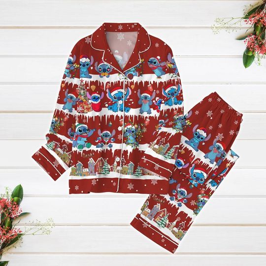 Christmas Pajamas Set, Stitch Christmas Lights Pajamas, Disney Cartoon
