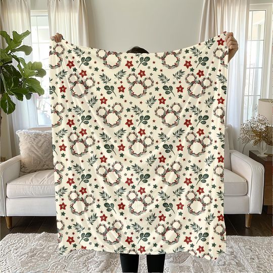 Mickey Christmas Wreath Sherpa Blanket, Disney Christmas Decor, Holiday Gift Throw Velveteen Plush Baby Blanket
