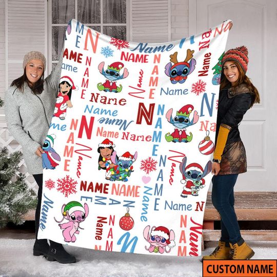 Disneyland Stitch Lilo Christmas Blanket, Custom Name Stitch Blanket, Stitch And Angel