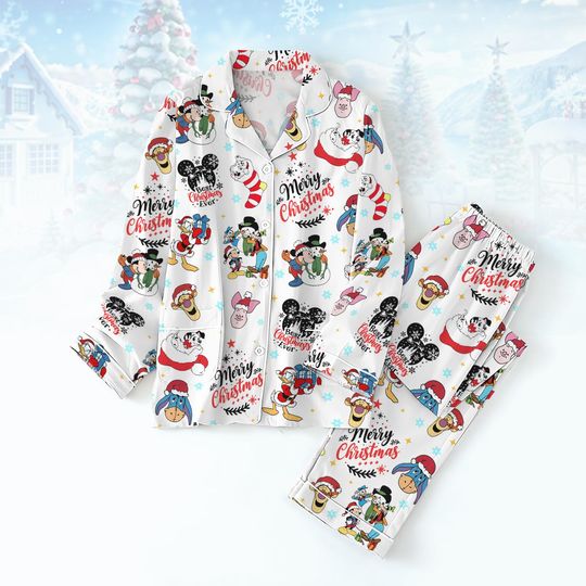 Disney Movie Christmas Pajamas Set, Pooh Piglet Eeyore Mickey Santa Pajamas