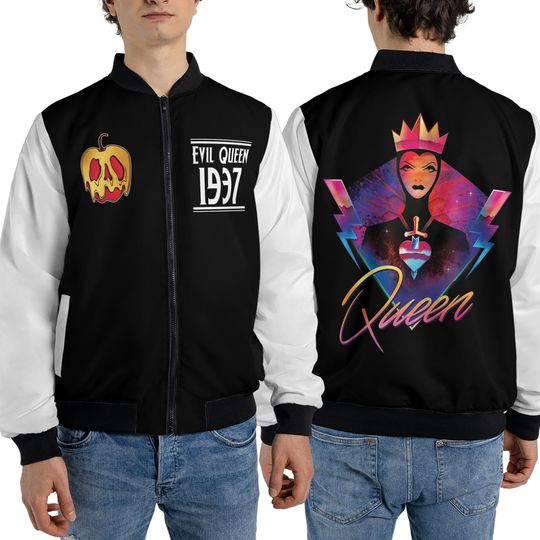 Retro 90s Rock Band Neon Disney Villains Evil Queen Fleece Bomber Jacket, Snow White Jacket, Gift For Family