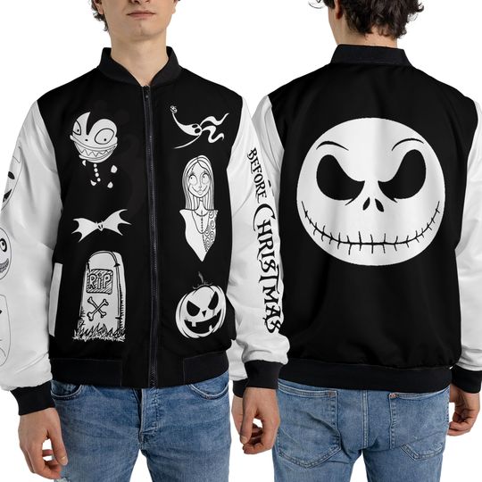 Disney The Nightmare Before Christmas Jack Skellington Sally Zero Fleece Bomber Jacket, Lock Shock Barrel Streetwear Jacket