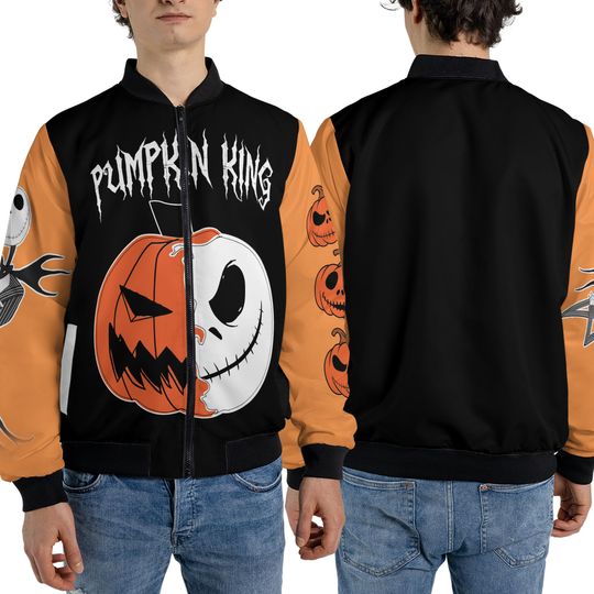 Disney The Nightmare Before Christmas Pumpkin King Fleece Bomber Jacket, Jack Skellington Streetwear Jacket
