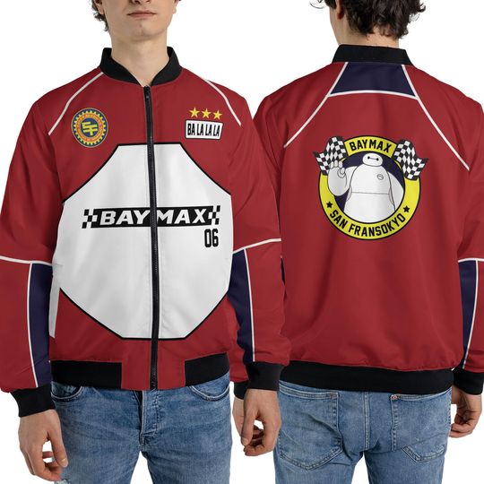 Disney Big Hero 6 Baymax San Fransokyo Fleece Bomber Jacket, Cute Baymax 06 Ba La La La Streetwear Jacket
