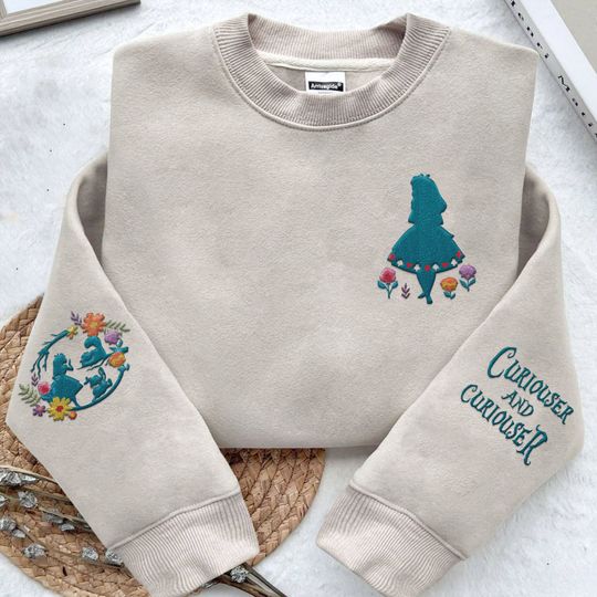 Embroidered Floral Alice In WonderDisneyland Sweatshirt, Curiouser and Curiouser  Embroidery Sweater