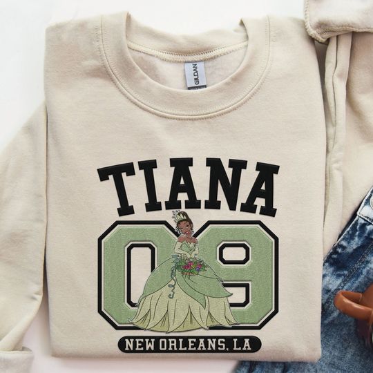 Embroidered Tiana Princess And The Frog Sweatshirt, Retro  Embroidery Sweater, Disneyland Girls Trip