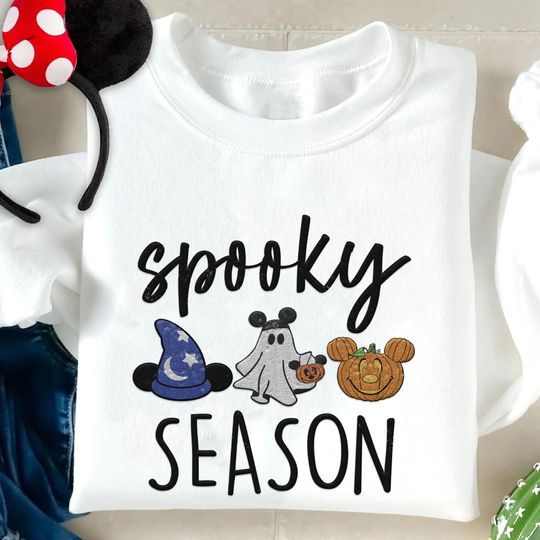 Embroidered Sorcerer Mickey Halloween Pumpkin Boo Ghost Spooky Season Sweatshirt, Disney Trick Or Treat Embroidery Sweater
