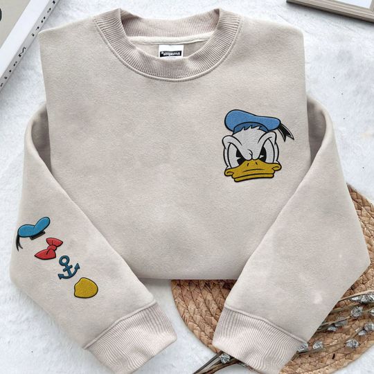 Embroidered Donald Duck 90Th Anniversary Sweatshirt, 90 Years Of Donald Duck Disney Embroidery, Disneyland Family Trip
