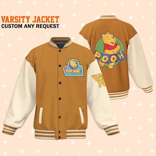 Personalize Winnie The Pooh Happy Life, Adult Varsity Jacket, Personalized Disney Jacket, Baseball Jacket