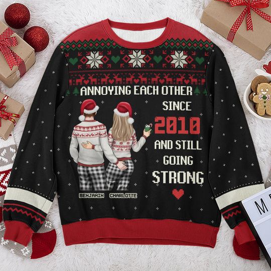 Annoying Each Other Since - Couple Personalized Ugly Sweatshirt - Unisex Wool Jumper - Christmas Gift For Husband Wife, Anniversary