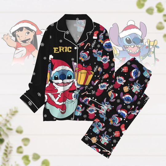Custom Name Stitch Santa Claus Christmas Pajamas, Stitch Disney Pajamas, Lilo And Stitch Pjs, Disneyland Pajamas, Magic Kingdom Gift