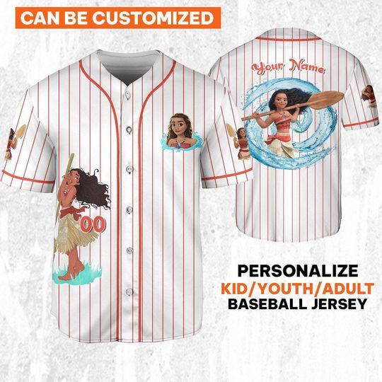 Personalize Disney Princess  Moana 2 White Orange Jersey, Custom Kid Youth Adult Baseball Jersey, Custom Disney Shirt