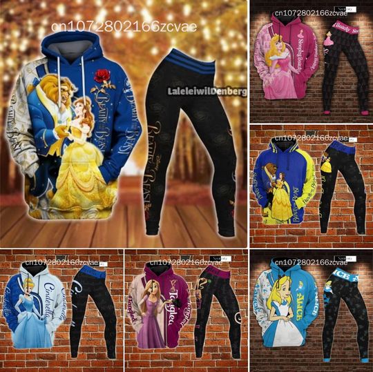 Beauty And The Beast Women's Hoodie And Leggings Set, Disney Princess Yoga Hoodie Leggings