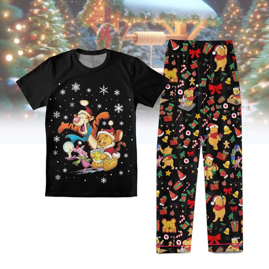 Christmas Pooh And Friends Pajamas Set, Vintage Winnie The Pooh Movie Shirt, Disneyworld Xmas Sleepwear