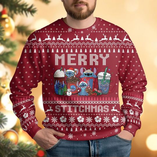Stitch Coffee Ugly Christmas Sweater, Disney Stitch Ugly Sweatshirts