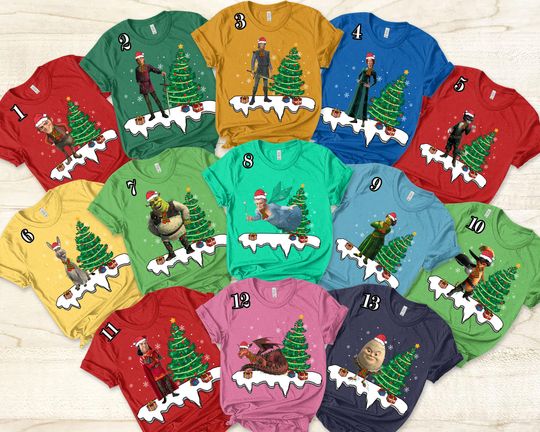 Disney Shrek Group Matching  Christmas Lights Shirt, Disneyland Xmas Snow Matching Shirts, Shrek Fiona Puss in Boots christmas