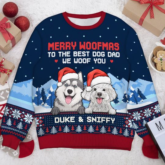 Dear Dog Dad & Mom, We Woof You - Personalized Ugly Christmas Sweatshirt