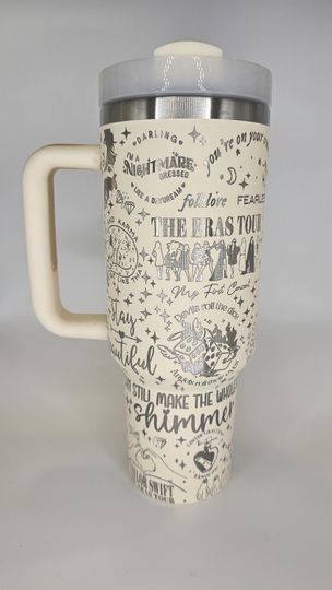 Cream White TS Eras Tour with Silver Underlayer 40oz Tumbler