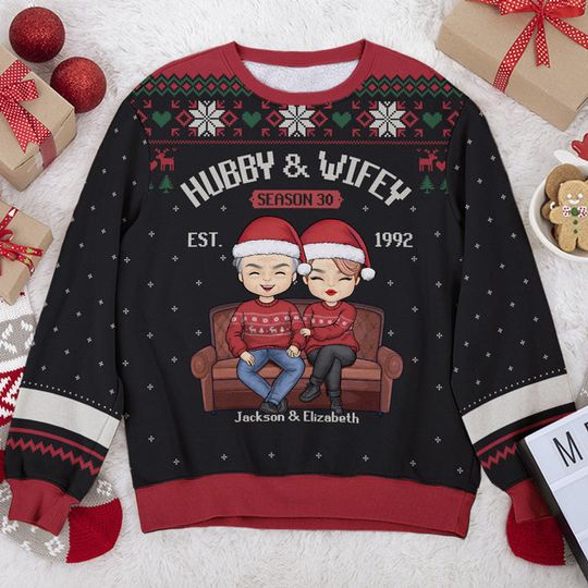 Hubby & Wifey Together - Personalized Custom Unisex Ugly Christmas Sweatshirt - Gift For Couple, Husband Wife, Anniversary, Engagement, Wedding, Marriage Gift