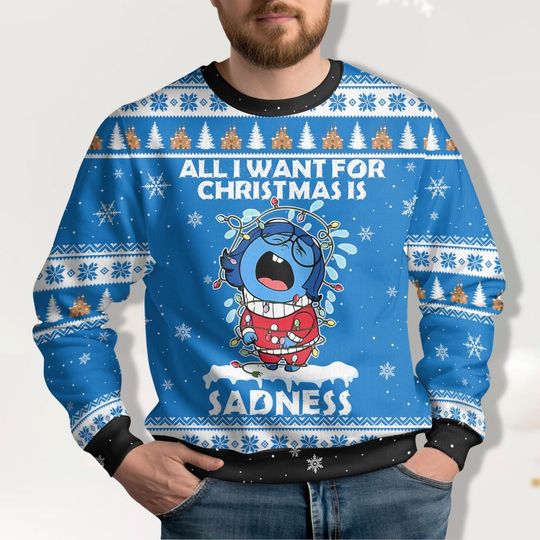 Disney Inside Out 2 Sadness Ugly Sweater, Disney Christmas Sweater, Mickey Very Merry Christmas