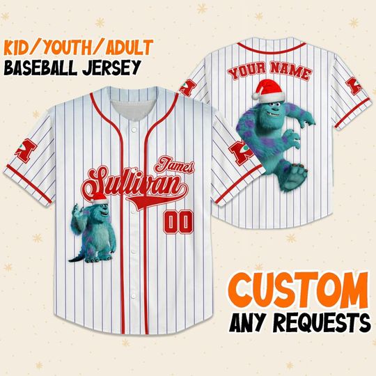 Custom Disney Monster Inc James P. Sullivan White Christmas, Personalized Baseball Jersey