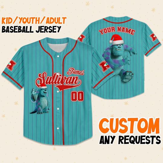 Custom Disney Monster Inc James P. Sullivan Blue Christmas, Personalized Baseball Jersey