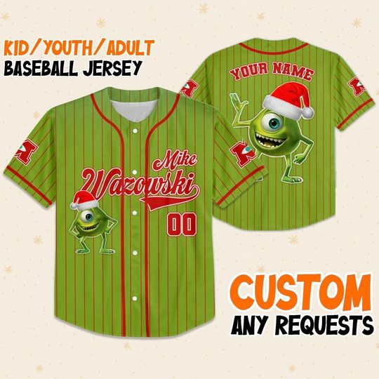 Custom Disney Monster Inc Mike Wazowski Green Christmas, Personalized Baseball Team Jersey