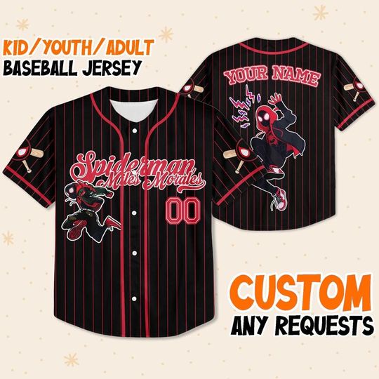 Custom Disney Spiderman Spiderverse Miles Morales Black Simple Baseball, Spidey Baseball Jersey