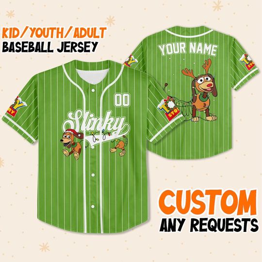 Custom Slinky Dog Toy Story Christmas Green, Custom Youth Adult Disney Baseball Jersey