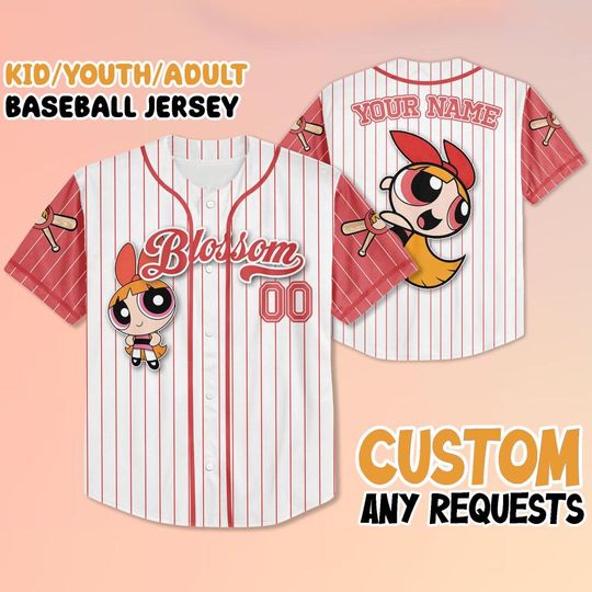 Personalized The Powerpuff Girls Blossom Baseball Jersey, Disney Blossom Baseball Jersey