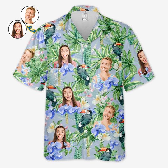 Custom Photo Tropical Bird Flower Pattern - Couple Personalized Unisex Tropical Hawaiian Aloha Shirt - Summer Vacation Gift, Gift For Husband Wife