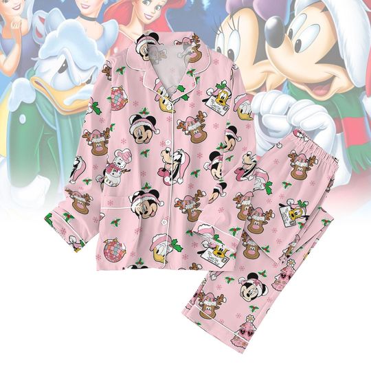Mickey And Friends Christmas Pajamas Set, Disney Cartoon Santa Sleepwear